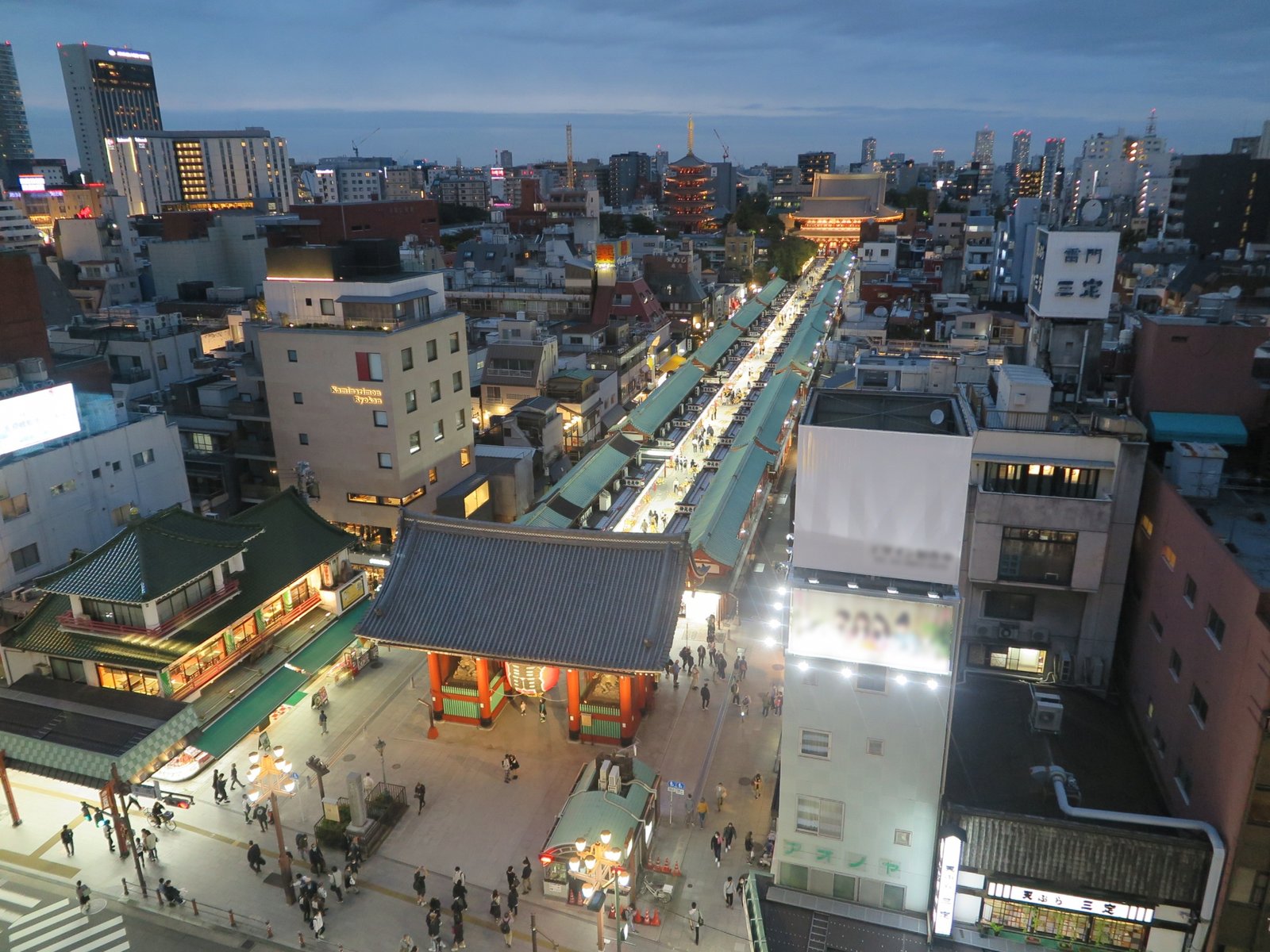 Kaminarimon and Nakamise-dori seen from above at dusk